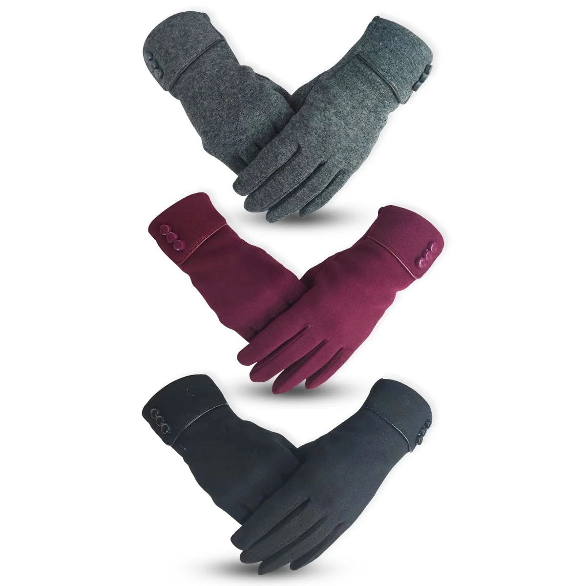 Women's Winter Gloves with Touch Screen Compatibility - Warm Vintage Design, Set of 3 Pairs